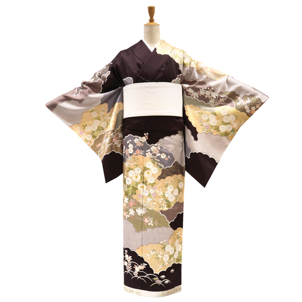 吉澤の友禅 訪問着 焦げ茶 雲取り 四季花 正絹［208,000円］ 枚目
