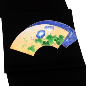 京友禅 塩瀬名古屋帯 正絹 黒 染め帯 五泉 地紙 朝顔 蜘蛛の巣 ［45,000円］