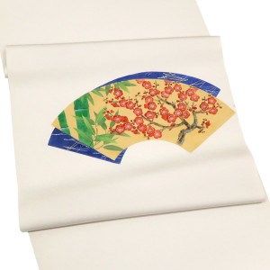 京友禅 塩瀬名古屋帯 正絹 ライトグレー 染め帯 梅 扇面［49,800円］