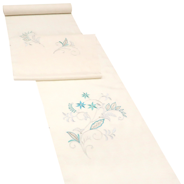 刺繍 名古屋帯 白 スリーシーズン対応 正絹 唐草 更紗 草花［69,800円］ 枚目