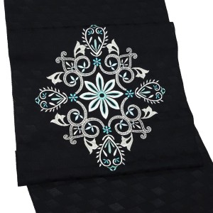 刺繍 名古屋帯 黒 スリーシーズン対応 正絹 花菱 幾何学文様 アールヌーボー［69,800円］