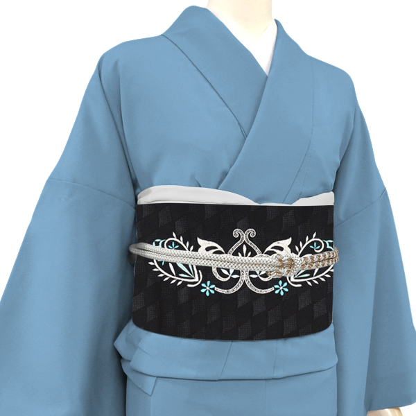 刺繍 名古屋帯 黒 スリーシーズン対応 正絹 花菱 幾何学文様 アールヌーボー［69,800円］ 枚目