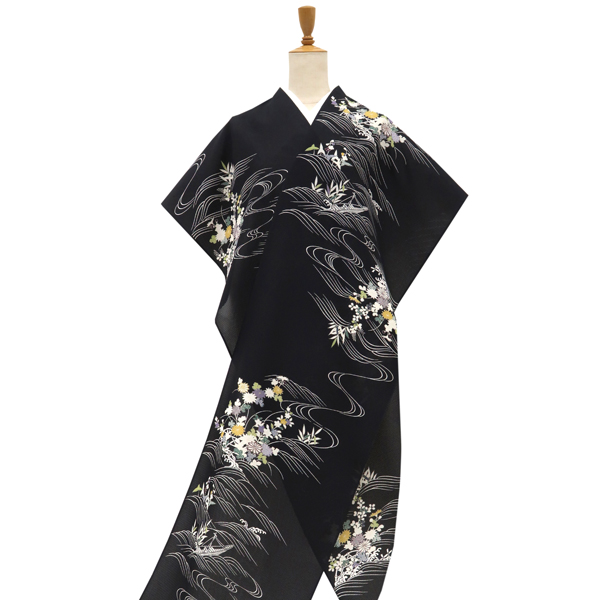 吉澤の友禅 絽夏小紋 黒 秋草 菊 萩 流水 正絹 着物［138,000円］ 枚目