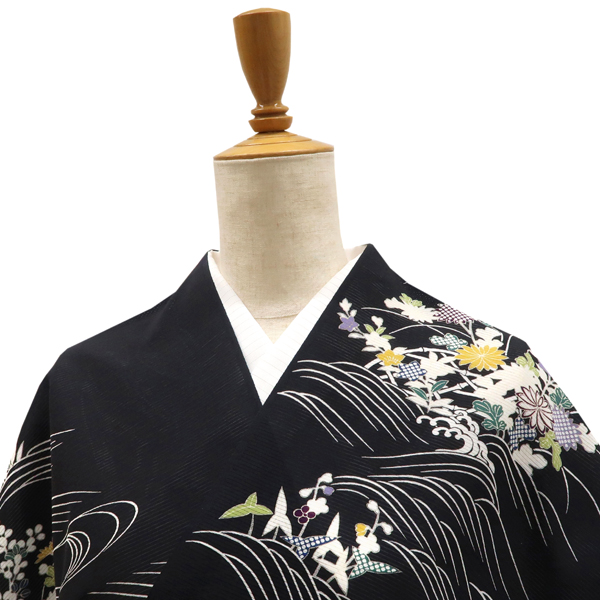 吉澤の友禅 絽夏小紋 黒 秋草 菊 萩 流水 正絹 着物［138,000円］ 枚目