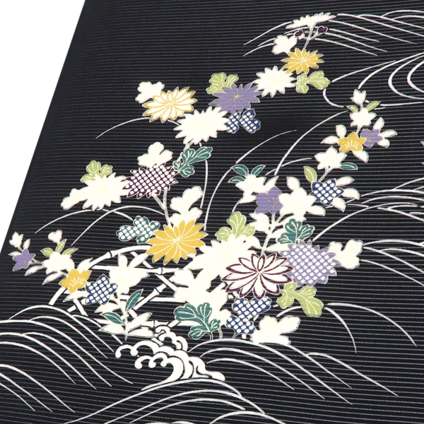 吉澤の友禅 絽夏小紋 黒 秋草 菊 萩 流水 正絹 着物［138,000円］ 枚目