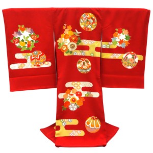 手描き友禅 女の子産着 赤 お宮参り 正絹 着物 初着 のしめ 宮参り 花の丸 エ霞 赤ちゃん［121,000円］