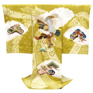 産着 男の子 絞り 刺繍 鷹 刀 松 芥子色