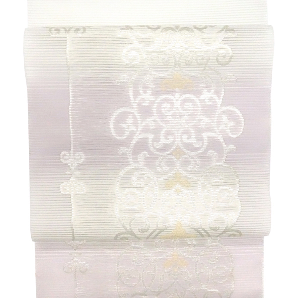 佐々木染織 絽名古屋帯 白×赤紫 アラベスク調 唐草 古典柄 西陣織 正絹［28,600円］ 枚目