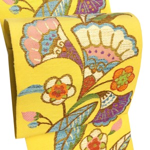 帯屋捨松 八寸名古屋帯 正絹 黄色 モダンロマン文 唐花 更紗 西陣織 ［105,000円］