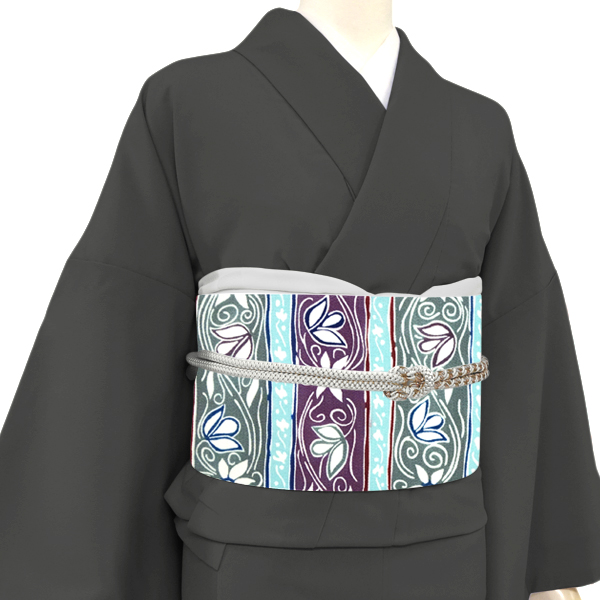 栗山吉三郎 名古屋帯 紅型 正絹 唐草 唐花 横段 更紗 水色［95,000円］ 枚目
