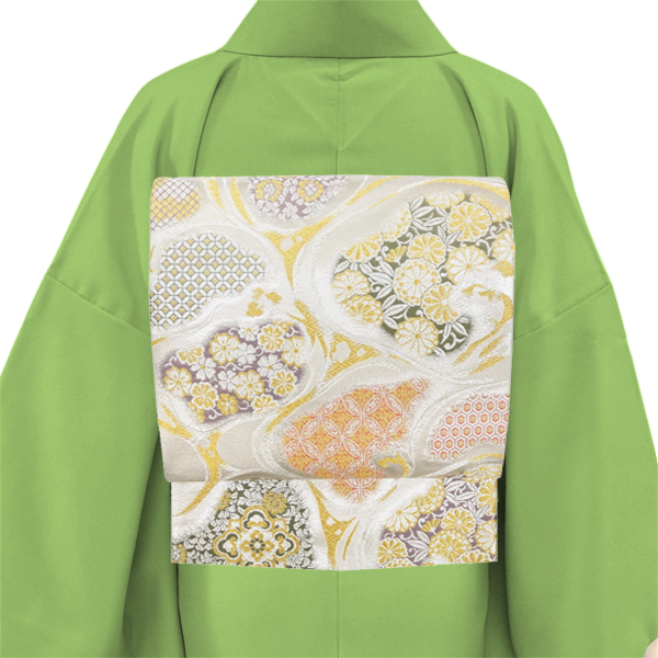 京洛苑たはら 袋帯 西陣織 正絹 流水 華文 菊 桜 唐花 シルバー［38,800円］ 枚目