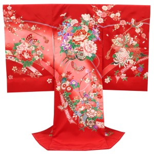 産着 女の子 正絹 花車 蝶 組紐 熨斗 赤［26,400円］
