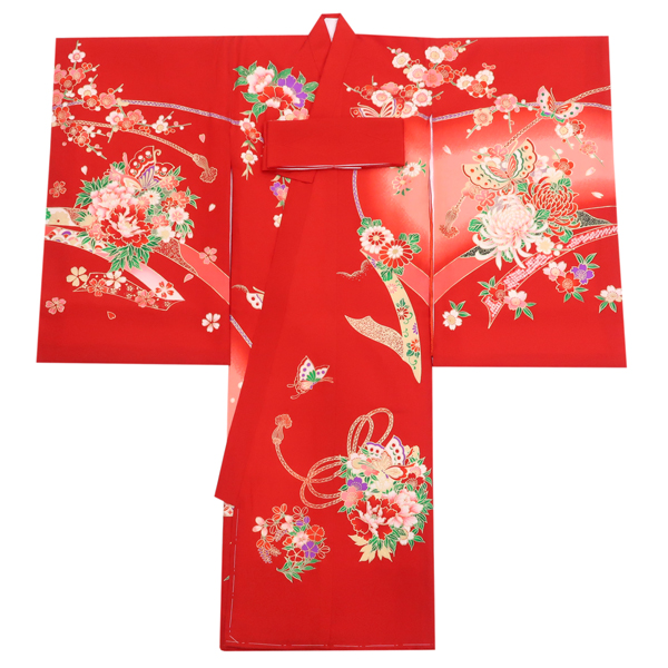 産着 女の子 正絹 花車 蝶 組紐 熨斗 赤［26,400円］ 枚目