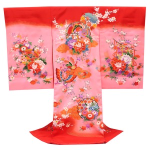 産着 女の子 正絹 雪輪 鳳凰 蝶 四季花 赤 ピンク［26,400円］