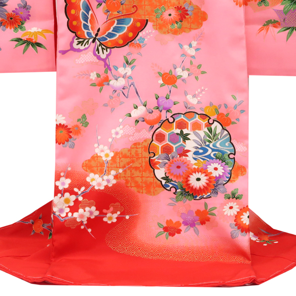 産着 女の子 正絹 雪輪 鳳凰 蝶 四季花 赤 ピンク［26,400円］ 枚目