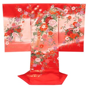 産着 女の子 正絹 檜扇 四季花 赤 ピンクベージュ［26,400円］