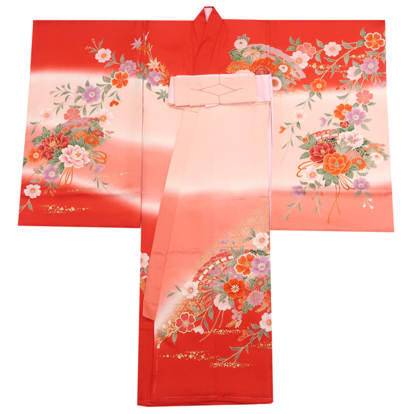 産着 女の子 正絹 檜扇 四季花 赤 ピンクベージュ［26,400円］ 枚目