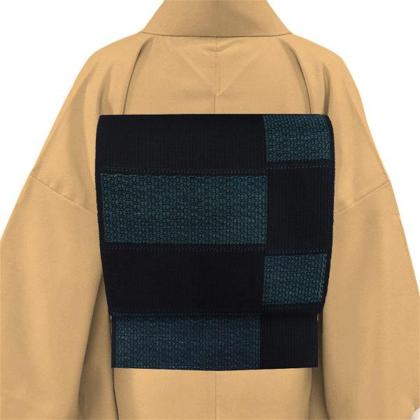 米沢織 近賢織物 八寸名古屋帯 宝来織 夢幻 藍染め 絹 和紙 市松 黒［96,800円］ 枚目