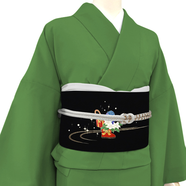 秀美 名古屋帯 染め帯 正絹 クリスマス サンタ ソリ 橇 黒［66,000円］ 枚目