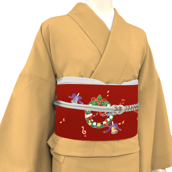 秀美 名古屋帯 染め帯 正絹 クリスマスリース 楽譜 ベル 赤［66,000円］ 枚目