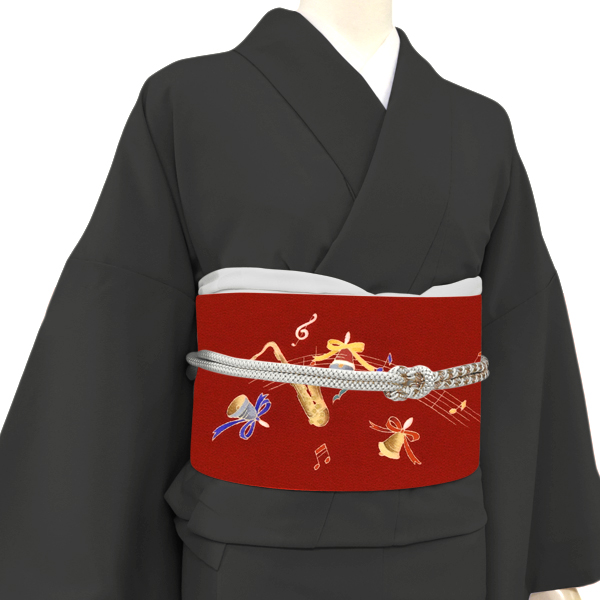 秀美 名古屋帯 染め帯 正絹 クリスマスリース 楽譜 ベル 赤［66,000円］ 枚目
