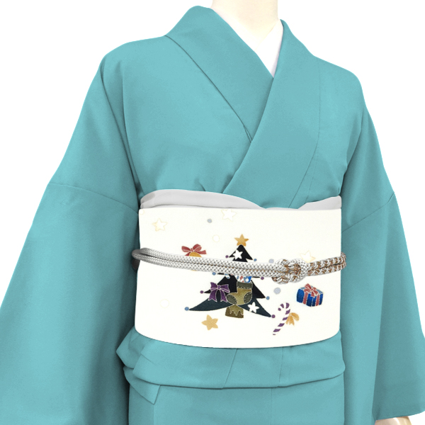 秀美 名古屋帯 染め帯 正絹 クリスマスツリー サンタ プレゼント もみの木 白［66,000円］ 枚目