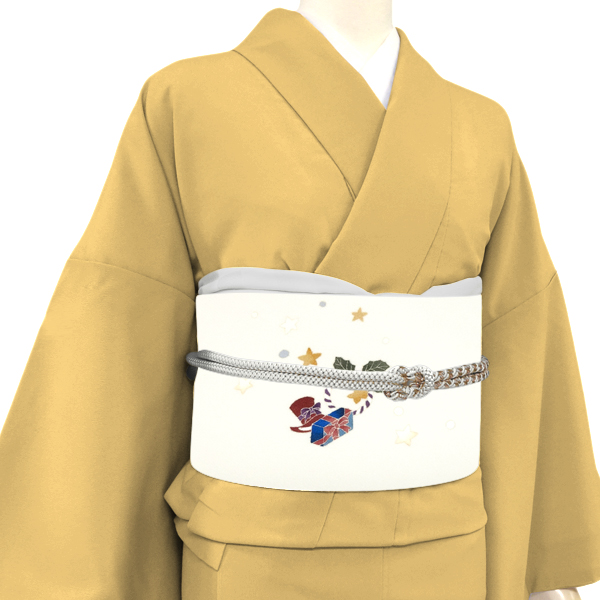 秀美 名古屋帯 染め帯 正絹 クリスマスツリー サンタ プレゼント もみの木 白［66,000円］ 枚目