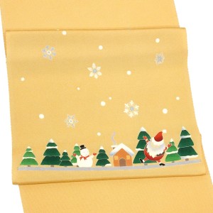 秀美 名古屋帯 染め帯 正絹 サンタ 雪だるま 雪華 クリスマス 黄色 山吹色
