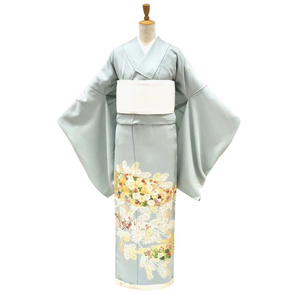 吉澤の友禅 色留袖 正絹 大王松 菊 梅 紅葉 流水 四季花 ブルーグレー 灰青［247,500円］ 枚目