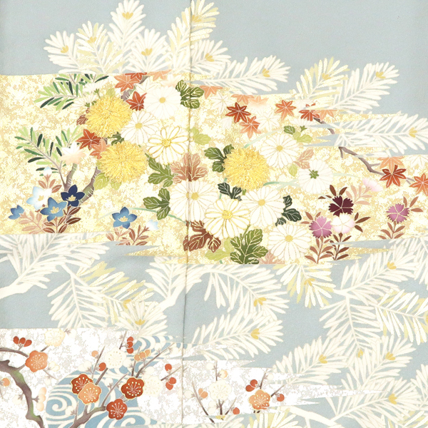 吉澤の友禅 色留袖 正絹 大王松 菊 梅 紅葉 流水 四季花 ブルーグレー 灰青［247,500円］ 枚目