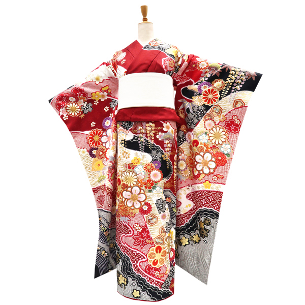 振袖 正絹 道長取り 雲取り 梅 菊 桜 四季花 赤［121,000円］ 枚目