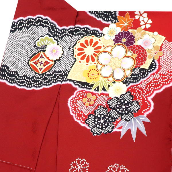 振袖 正絹 道長取り 雲取り 梅 菊 桜 四季花 赤［121,000円］ 枚目