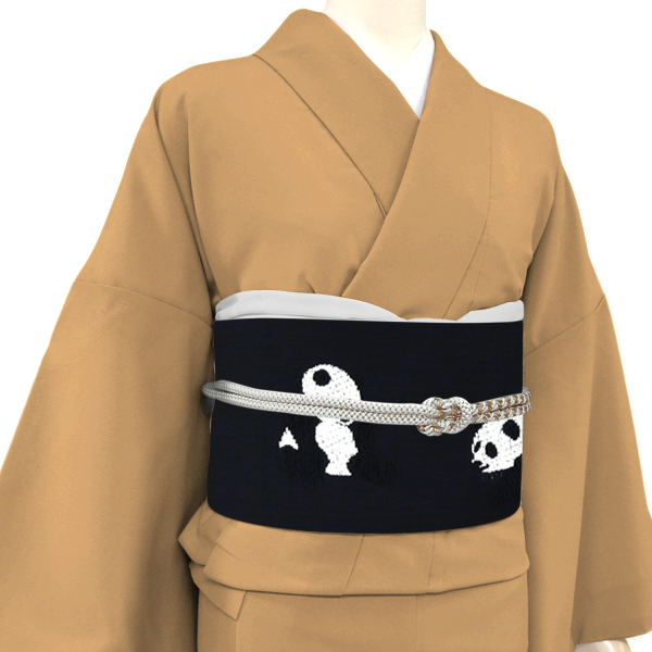 龍美工房 名古屋帯 西陣織 正絹 パンダ 黒 枚目