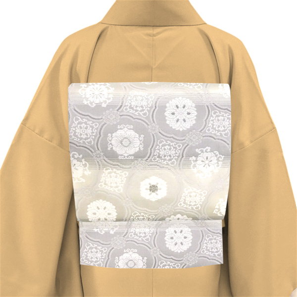 丸勇 袋帯 西陣織 礼装用 白×グレー 華文 正絹 シルバー フォーマル［38,500円］ 枚目