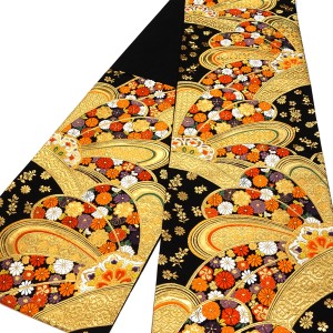 ふくい 袋帯 振袖用 西陣織 正絹 捻り菊 桜 黒 金色［77,000円］