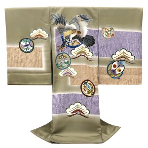 産着 男の子 京友禅 鷹 丸文 宝尽くし 松 匹田 鶸茶 カーキ色［176,000円］