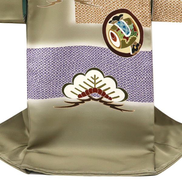 産着 男の子 京友禅 鷹 丸文 宝尽くし 松 匹田 鶸茶 カーキ色［176,000円］ 枚目