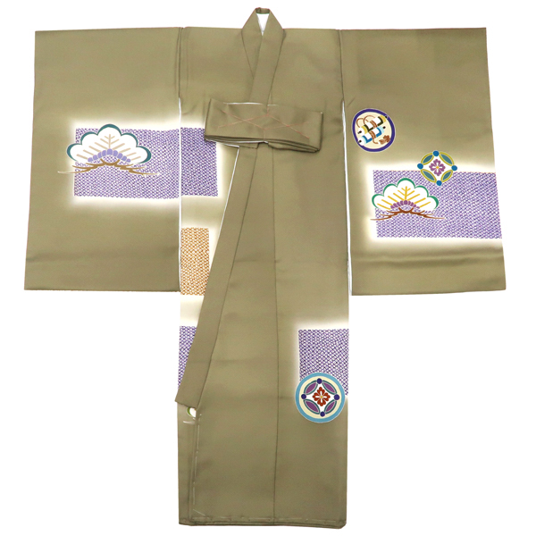 産着 男の子 京友禅 鷹 丸文 宝尽くし 松 匹田 鶸茶 カーキ色［176,000円］ 枚目