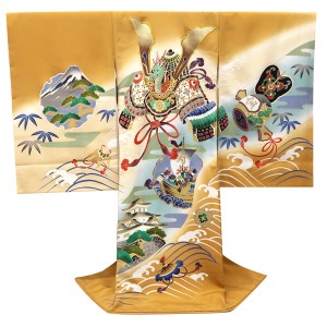 産着 男の子 京友禅 兜 城 雪輪 宝尽くし 山吹色 黄土色［66,000円］