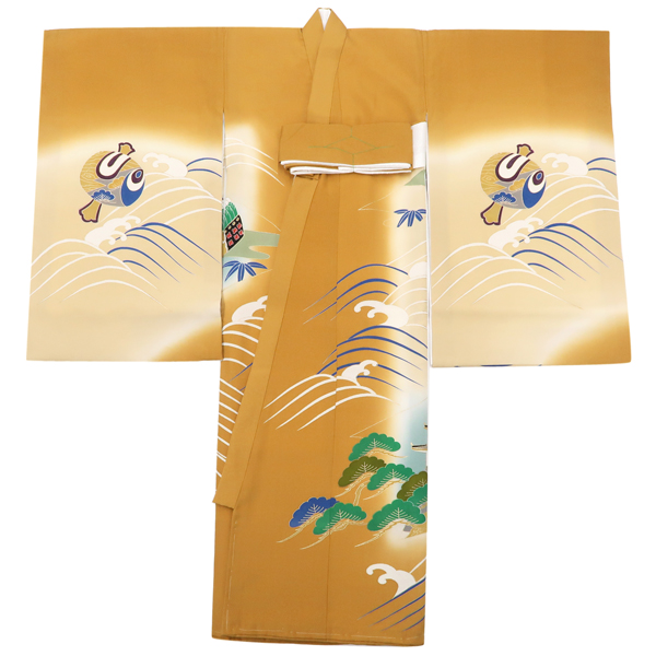 産着 男の子 京友禅 兜 城 雪輪 宝尽くし 山吹色 黄土色［66,000円］ 枚目