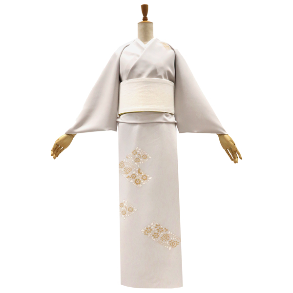 工芸キモノ野口 付下訪問着 京友禅 菱取華紋 花菱 更紗 ライトグレー［550,000円］ 枚目