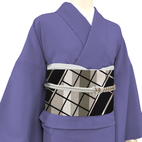 協和織工場 博多帯 正絹 幾何学文様 市松 格子 ストライプ 黒［55,000円］ 枚目