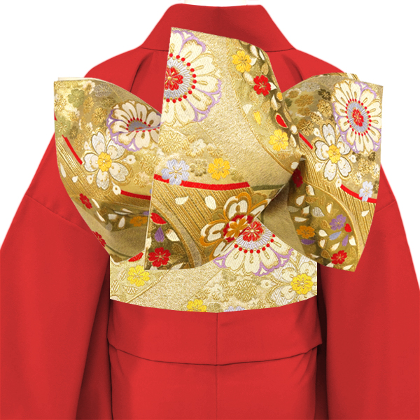 廣部商事 振袖用袋帯 西陣織 正絹 斜めよろけ縞 菊 桜 金 ゴールド［33,000円］ 枚目