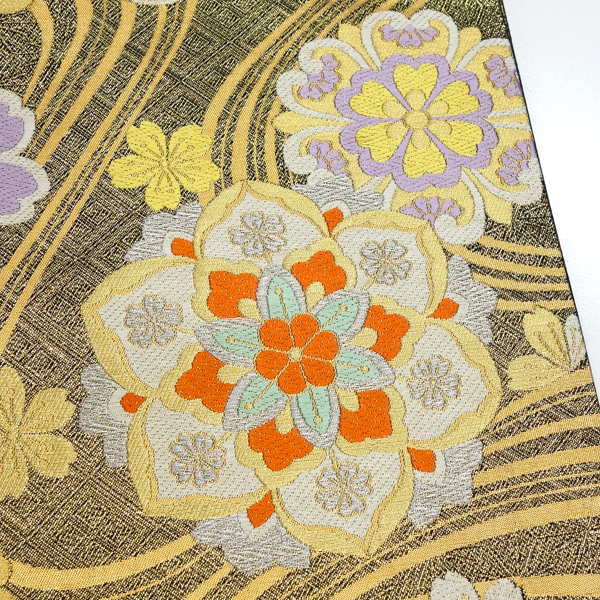 廣部商事 振袖用袋帯 西陣織 正絹 流水 宝相華 桜 菊 黒 金［33,000円］ 枚目