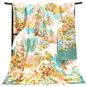 吉澤の友禅 振袖 雲取り 四季花 白 水色［297,000円］