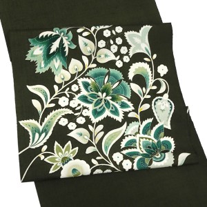 名古屋帯 クリキュラ ムガシルク 京友禅 唐花 唐草 更紗 深緑［110,000円］