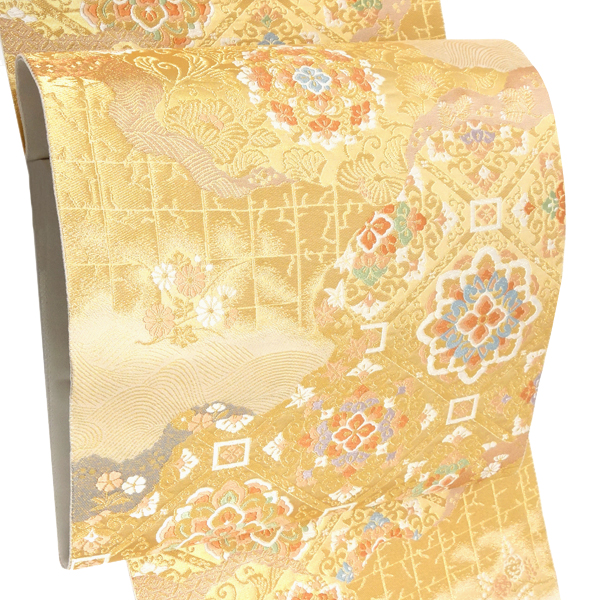 服部織物 袋帯 こはく錦 西陣織 正絹 引箔 道長取り 市松 花菱 ゴールド［137,500円］ 枚目