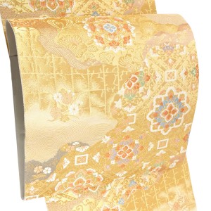 服部織物 袋帯 こはく錦 西陣織 正絹 引箔 道長取り 市松 花菱 ゴールド［137,500円］