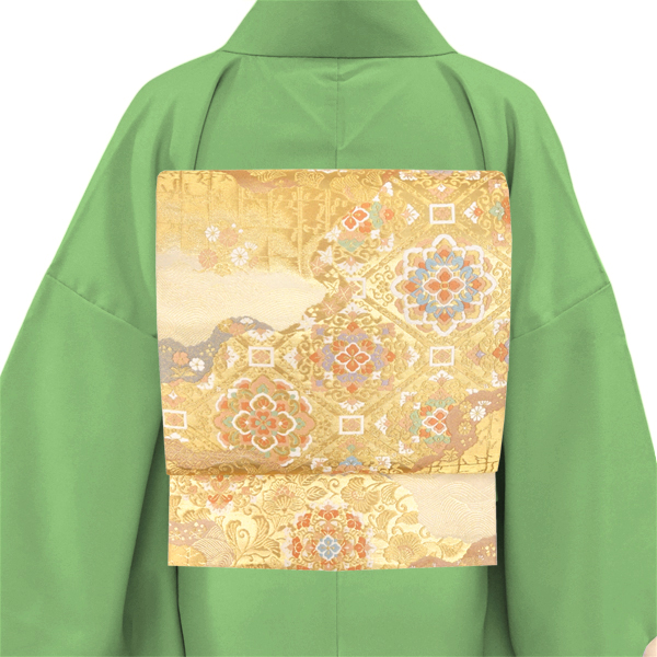 服部織物 袋帯 こはく錦 西陣織 正絹 引箔 道長取り 市松 花菱 ゴールド［137,500円］ 枚目