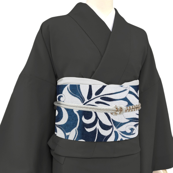 となみ織物 袋帯 西陣織 正絹 横段 葉 植物 紺 青［110,000円］ 枚目